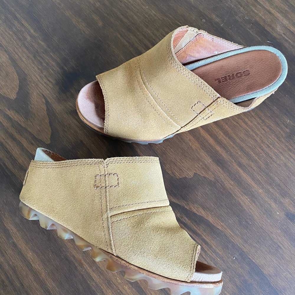 Sorel Joanie Mule Size 6.5 Open-Toe Wedge Slide Sandal Heel British Tan Elk